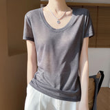2026 Spring And Summer Women's New Shoulder Short T-Shirt Fashion U Collar Slim Bottom Shirt Short Sleeve Thin Fashion Top