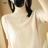Wool Blended 2026 Autumn And Winter Women's Clothing Loose Half-High Collar Short-Sleeved Jersey T-Shirt