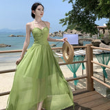 French Green Ribbon Sling Dress Woman Supine Yunnan Dali Thailand Seaside Beach Dress