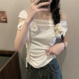 Pure Desire A Word Shoulder ~ Design Feel Shoulder Hanging Neck Short Sleeve T-Shirt For The New Summer Slimming Tset