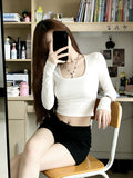 Pure Style Hottie Collar Long-Sleeved T-Shirt Girl Autumn And Winter Black Inside The Bottom Shirt Short Shirt On The Shoulder