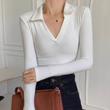 Spice Girl Sexy V-Neck Elastic Slim Slim Polo Shirt Retro Pure-Sleeved Bottom Shirt T-Shirt Top