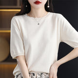 100% Cotton Sweating 2026 Spring And Summer New Round Collar Through Short T-Shirt Solid Five-Sleeve Temperament Knitted Shirt