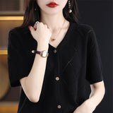 Pure Cotton Sweat 2026 Spring And Summer New Women's Hollow Open Shirt V Collar Display Short Temperament Top T-Shirt Knitted Shirt