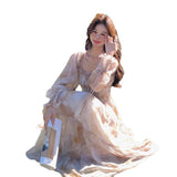 French Style Collar Bubble Sleeve Chiffon Floral Dress Women's Spring And Autumn Fairy Dress First Love Gentle Fengsen Long Dress