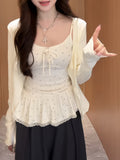 Fat MM Pure Lace Lace Hanging Neck Sling Female Autumn New Temperament Leaf Side Cardigan Two Sets Of Top