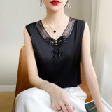 Silk Satin 2026 Spring And Summer Women's New V-Neck Mesh Splicing T-Shirt Solid Color Buffet Korean Version Of Sleeveless Vest
