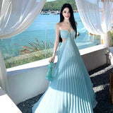 French High-Grade Light Blue Languing Belt With Hanging Neck Dress Sexy Folded Seaside Holiday Dress Girl Summer