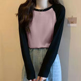 Long-Sleeved T-Shirt Women's Spring New Korean Version Of The Collage Splicing Round Collar Bottom Jersey Fat MM Large Size Women's Loose Top Tide