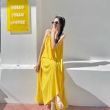 Seaside Vacation Sexy Bare Back Sling Dress Women's New Summer Loose A Skirt Gentle Yellow Long Dress