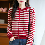100% Pure Wool 2026 Autumn And Winter New Women's Loose Hooded Hooded Striped Knitted Sweater