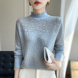 Wool Blended 2026 Autumn And Winter New Women's Lace Splicing Hollow Half-High Collar Knitted Shirt Sweater