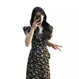 2026 Summer New Tea Break French Black Floral Dress Texture Feel Waist Women's Long Dress Women's Summer