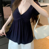 Fat MM Hottie Wind V Collar Kinesi Short-Sleeved T-Shirt Girl Summer New Design Feel To Catch Meat Temperament Blouse
