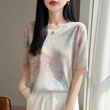Bamboo Syringe 2026 Spring And Summer Women's New High-End Water-Soluble Printing Round Collar Knitting Short-Sleeved Loose Thin T-Shirt