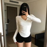 2026 Spring And Autumn New V-Necked Shirt Long-Sleeved T-Shirt Girl Slime Pure Wind Curved Under The Collarbone Top