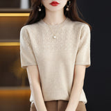 Wool Blending 2026 Autumn And Winter New Women's Round Collar Collar Drawing Solid Color Hollow Top Five-Sleeve Knitted Shirt