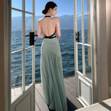 Beautiful Dopamine Atmosphere Holiday Wind Mint Green Hanging Neck Deep V Chest Hollow Back Temperament Slings Long Skirt