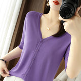 Ice Silk Breathable 2026 Spring And Summer New Women V Neck Thin Top Five-Sleeve Sleeve Sleeves Pure Color Temperament Knitted Shirt