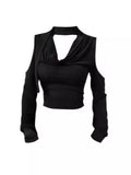 Pure Hot Girl Out-To-Shoulder V-Neck Hollow Bottom Shirt Autumn New Wasteland Black Long-Sleeved T-Shirt Short Top Tide