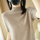 Wool Blended 2026 Autumn And Winter Women's Clothing Loose Half-High Collar Short-Sleeved Jersey T-Shirt
