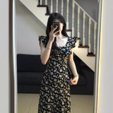 2026 Summer New Tea Break French Black Floral Dress Texture Feel Waist Women's Long Dress Women's Summer