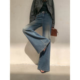 Vintage Water Wash Blue Jeans Women 2025 Autumn New Fashion Micro-Trumpet Drag Wide Leg Pants