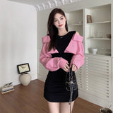 Early Autumn Dress High-End Stitching Fake Two Side-Shoulder Dress Women Design Small Body-Bodying Ass Shirt Skirt