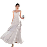 French Senior Birthday Party Dress Dress Light Luxury Small Toast Wine Red Folds Slings Fishtail Skirt