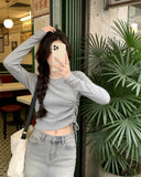 Autumn Long-Sleeved T-Shirt Women Thin Bottom Shirt Drawstrings With Bottom Shirt Slim Slim Thin Short Top