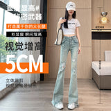 High-Rise Hole Micro-Horn Jeans Women's Spring Summer 2025 New Hair-Throw Slimming Horseshoe Horn Pants
