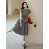 Summer Chic Feeling Beautiful Little Suit Female Gray Round-Neck T-Shirt Tibetan Cyan Lattice Skirt Two-Piece