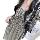Large-Size Lattice Short-Sleeved Dress Women's Summer Waists Thin A-Word Dress Fat MM French Retro Wrinkled Skirt