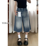 High Street Retro Broad-Legged Seven-Point Denim Mid-Swear Women Autumn High-Waisted Large-Size Thin Loose Straight Shorts