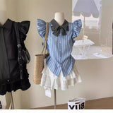 College Style Small Flying Sleeve Bow Striped Shirt Female Summer Design Sense Small Poneng Short Skirt Two Sets