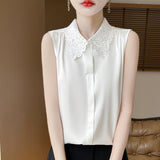 Silk Satin 2026 Spring And Summer Women's New Satin Polo Round Collar Dark Buckle Sleeveless Shirt Solid Color Top