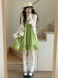 Bohemian Two-Piece Green Tuxedo Sleeveless Sling Dress Woman Summer Dopamine Skirt