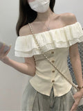 Design Sense Of A Small Sense Of Chic Waist Blouse Summer New Women's Style French Lotus Side Shoulder Short-Sleeved T-Shirt