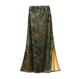 Elegant Temperament Print Velvet Skirt Autumn National Style Retro Flower High Waist Thin A Word Long Dress 99951