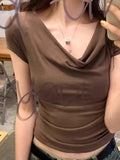 French Fashion Design Feeling Collar A Word Shoulder T-Shirt Short-Sleeved Girl Summer Repair Hot Girl Tight Shoulder Short Top