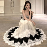 French Heavy Industry Lace Splicing Big Swing Dress Women Black And White Bump Color Waist Thin Hanging Dress Dress Dress Dress