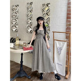 Large-Size Lattice Short-Sleeved Dress Women's Summer Waists Thin A-Word Dress Fat MM French Retro Wrinkled Skirt
