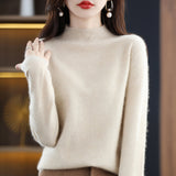 Skin Feeling 100% Wool Line Ready-To-Wear Seamless Autumn And Winter New Short Women Half-Collar Loose Bottom Knitting Sweater