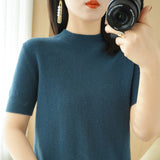 Wool Blended 2026 Autumn And Winter Women's Clothing Loose Half-High Collar Short-Sleeved Jersey T-Shirt