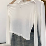 2025 Thin White Slanted Shoulder Loose Hoodie Women's High-Grade Feeling Pure Word Shoulder Long-Sleeved T-Shirt On The Shoulder
