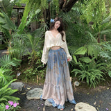 Yunnan Dali Thailand Tourism French Pure Lust Lace Splicing Top Women Summer Vintage Printed Holiday Dress Set