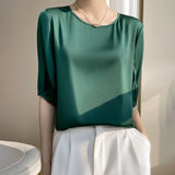 Airable Silk Satin 2026 Spring And Summer New Women's Round Collar Loose Solid Color Acetic Satin Noodles T-Shirt