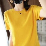 2026 Spring New Pure Cotton Sweat-Sucking T-Shirt Women's Round Collar Collar Head Short-Sleeved Knitwear