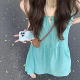 French Hollow Sling Dress Women Summer Seaside Resort Beach Dress Folded •ÃÖåã¼ÀÁËÉ Pine Feeling Long Skirt