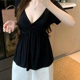 Fat MM Hottie Wind V Collar Kinesi Short-Sleeved T-Shirt Girl Summer New Design Feel To Catch Meat Temperament Blouse